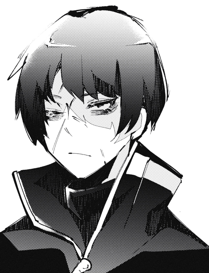 1girl, closed_mouth, greyscale, highres, jacket, library_of_ruina, madotsuki_ren, monochrome