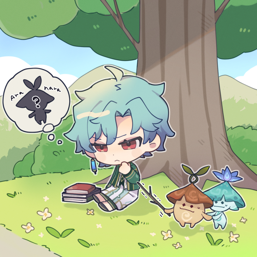 1boy, :<, ahoge, akademiya_uniform, aranara_(genshin_impact), ararycan_(genshin_impact), black_footwear, blue_hair