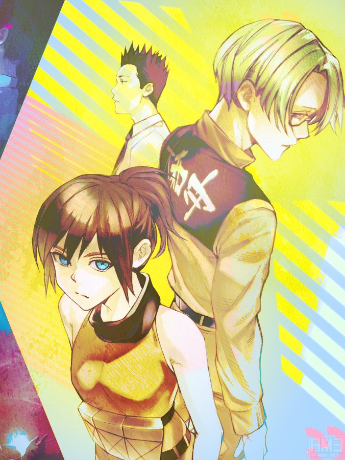 1girl, 2boys, ammenite, back-to-back, bare_shoulders, belt, black_hair, blonde_hair, blue_eyes, choujin_x, clothes_writing, glasses, higashi_azuma_(choujin_x), long_sleeves, looking_at_viewer, military_uniform, monda_takeru, multiple_boys, otta_ely_(choujin_x), ponytail, sleeveless, striped_background, uniform