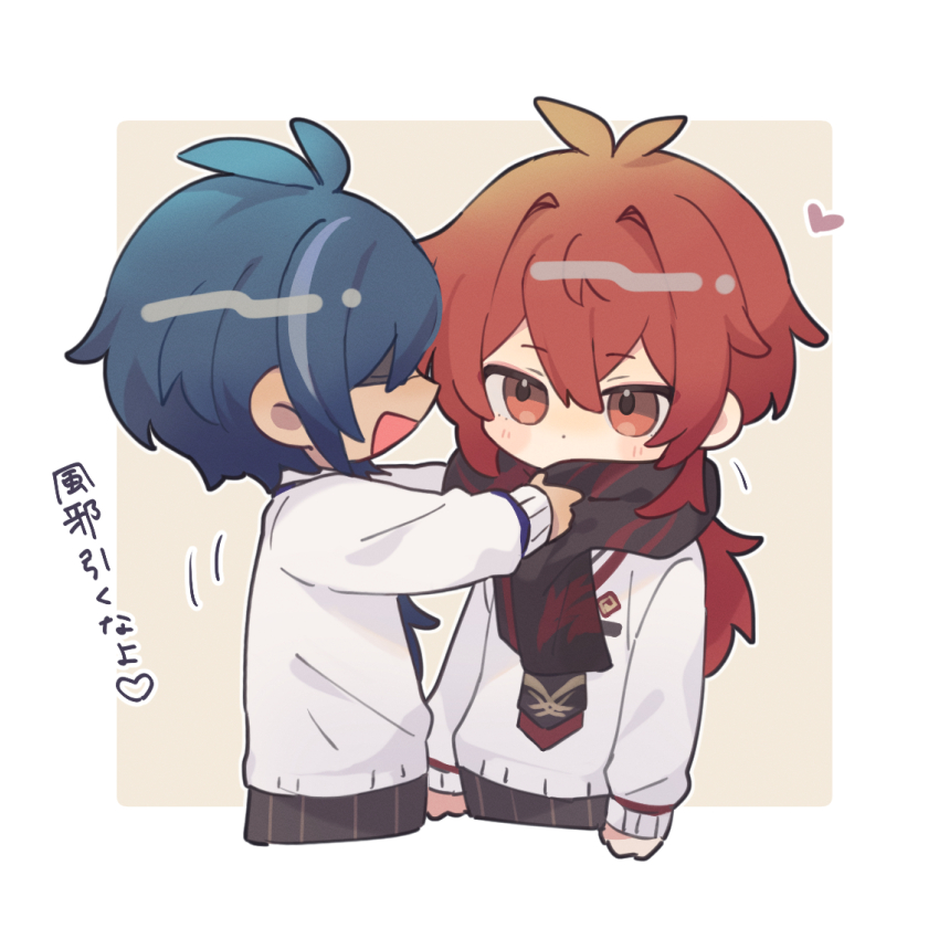 2boys, :d, antenna_hair, arms_at_sides, black_scarf, blue_hair, blush, border