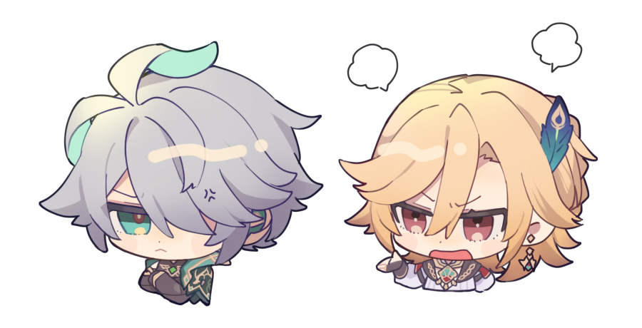 2boys, :<, alhaitham_(genshin_impact), anger_vein, angry, antenna_hair, black_gloves, black_shirt