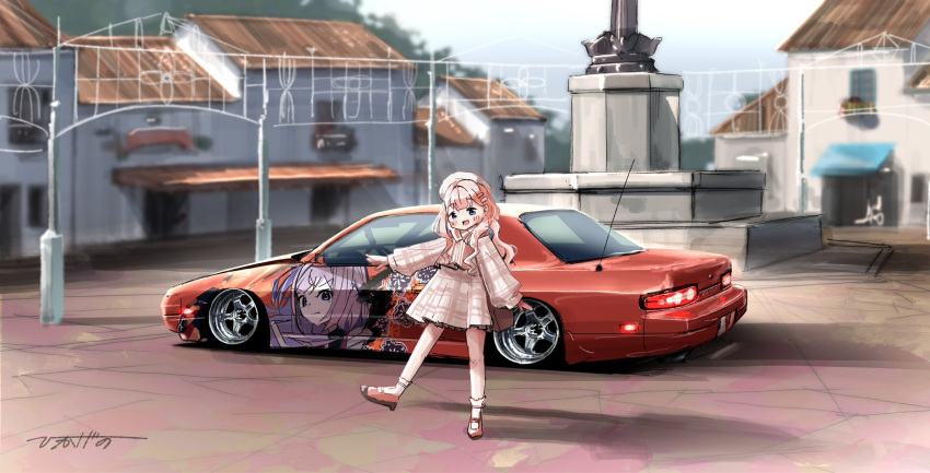 1girl, beret, blue_eyes, dress, hat, head_tilt, highres, hikageno, long_hair, looking_at_viewer, nijisanji, nissan, nissan_onevia, nissan_s13_silvia, nissan_silvia, open_hand, outdoors, pink_dress, pink_hair, plaid, plaid_dress, radio_antenna, red_car, shadow, signature, solo, suo_sango, virtual_youtuber, white_hat