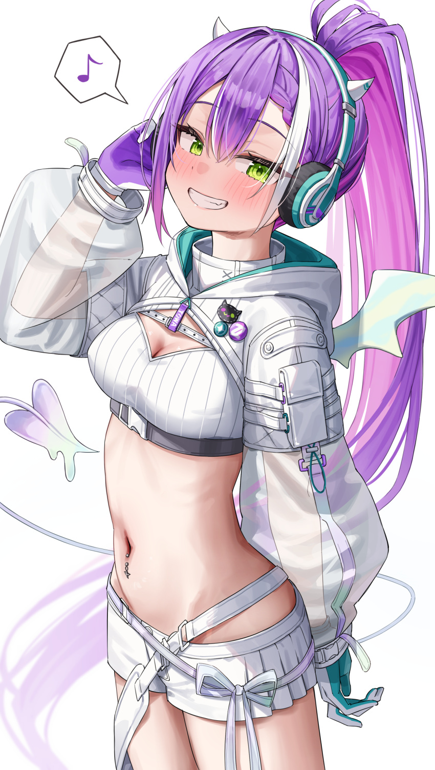 1girl, absurdres, bandeau, blush, demon_tail, ear_piercing, fake_horns, gloves