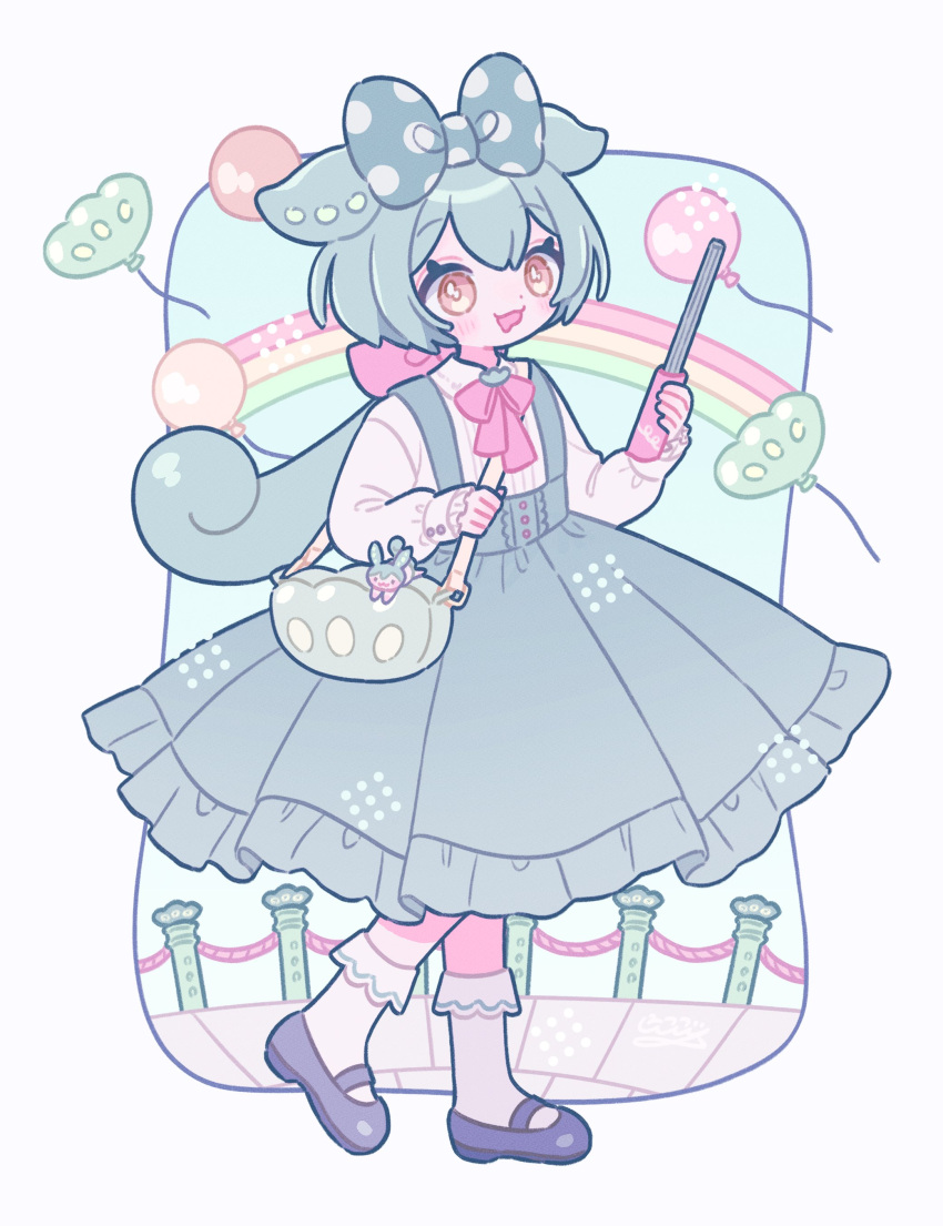 1girl, :3, absurdres, adapted_costume, bag, balloon, blush, bollard