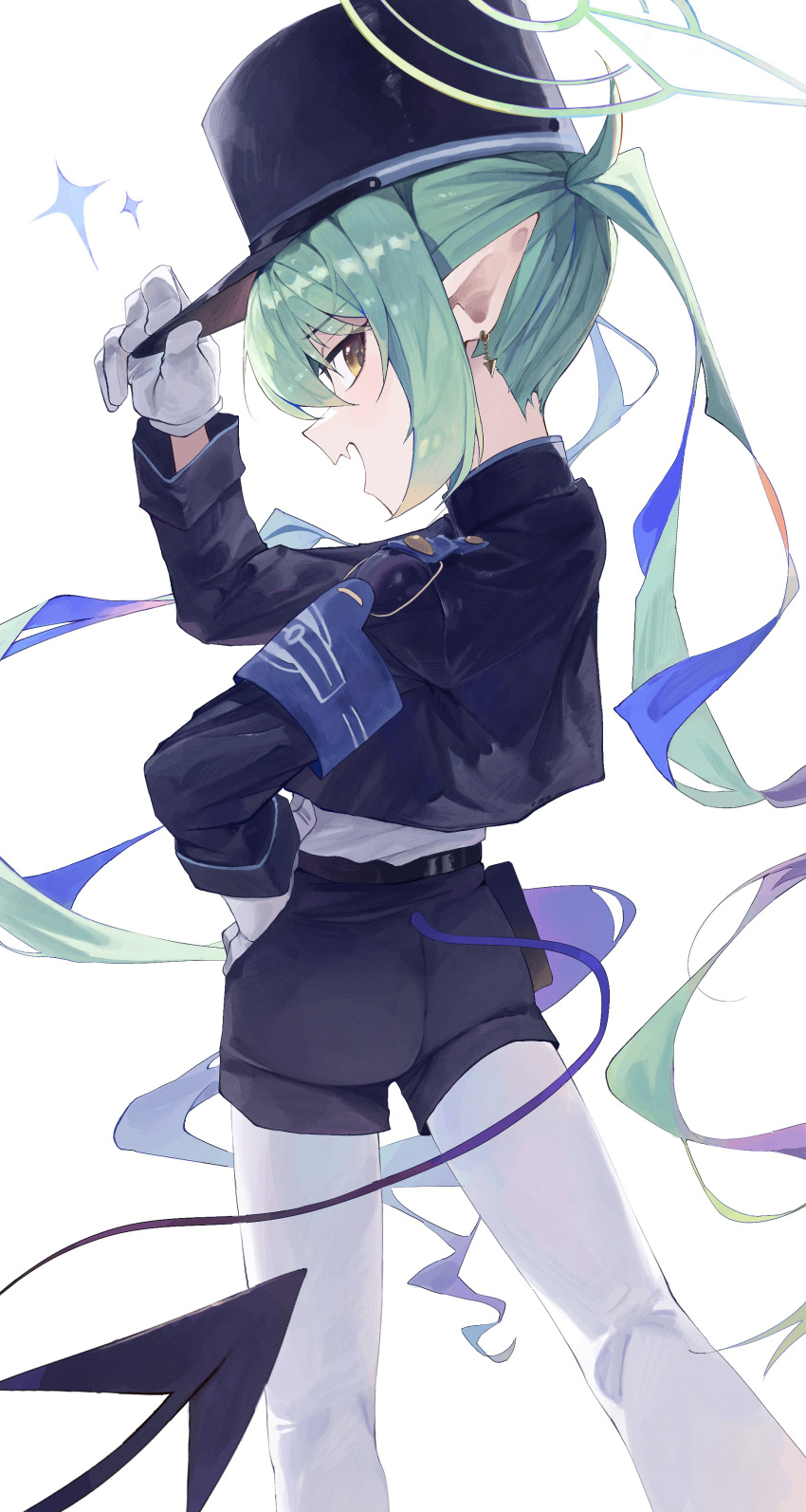 1girl, absurdres, black_hat, black_jacket, black_shorts, black_tail, blue_archive, demon_tail