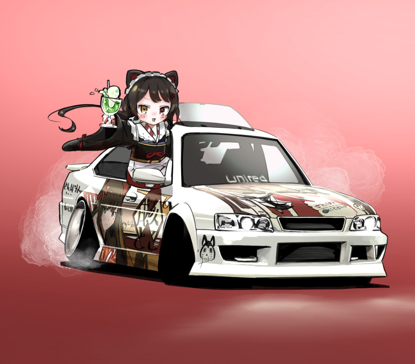 1girl, animal_ears, brown_eyes, brown_hair, brown_kimono, cup, dog_ears, dog_girl, drifting, floating_hair, heterochromia, highres, hikageno, holding, holding_cup, inui_toko, inui_toko_(1st_costume), itasha, japanese_clothes, kimono, long_hair, maid, maid_headdress, nijisanji, nissan, nissan_laurel, obi, open_mouth, red_background, red_eyes, sash, shadow, smile, smoke, stance_(vehicle), vehicle_focus, virtual_youtuber, wa_maid
