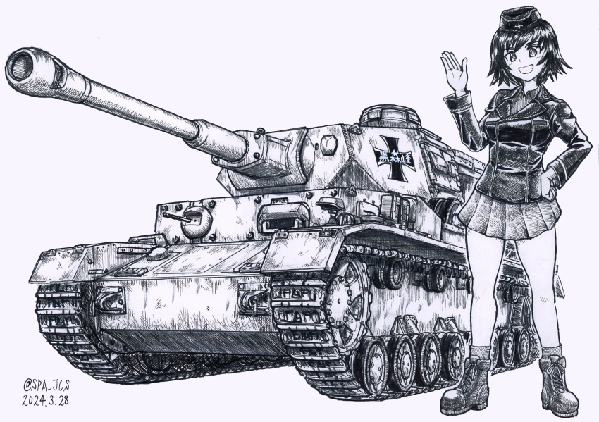 1girl, ankle_boots, boots, full_body, girls_und_panzer, greyscale, hand_on_own_hip, hand_up, hat, hida_ema, highres, jacket, kuromorimine_military_uniform, military_hat, military_jacket, military_vehicle, monochrome, motor_vehicle, nspa_(spa-jcs), panzer_iv, signature, smile, standing, tank, vehicle_focus
