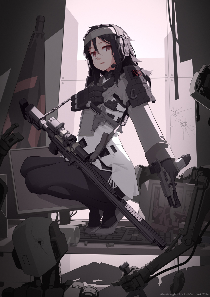 1girl, absurdres, ammunition_pouch, backlighting, black_hair, bullet_hole, coffee_cup, cup, desk, disposable_cup, dress, facial_tattoo, flat_chest, grey_headband, gun, handgun, headband, headset, highres, keyboard_(computer), looking_at_viewer, mechanical_arms, medium_hair, messy_hair, military, monitor, mouse_(computer), nusisring_tactical, on_desk, open_mouth, optical_sight, original, pantyhose, pouch, red_eyes, rifle, robot, shell_casing, short_sword, squatting, sword, tactical_clothes, tantou, tattoo, vectorek, weapon, white_dress, xu_shangyu