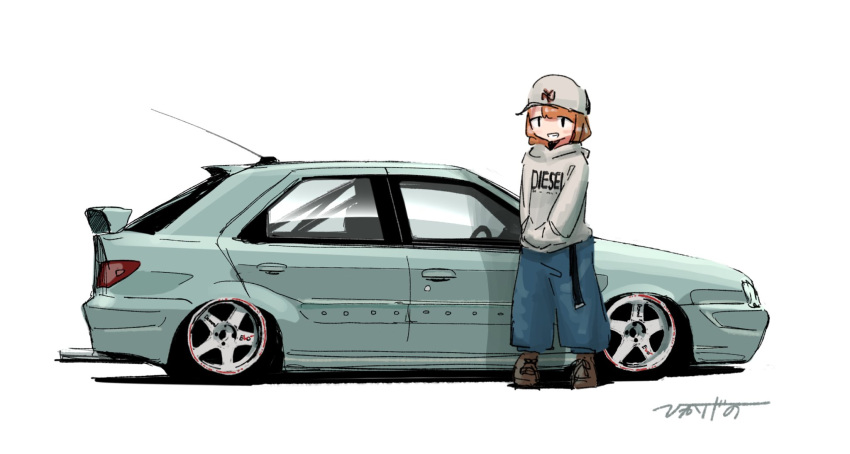 1girl, artist_name, baseball, black_eyes, blue_pants, blush, boots, brown_footwear, citroen, citroen_xsara, green_car, grey_hat, grey_hoodie, highres, hikageno, hood, hood_down, hoodie, orange_hair, original, pants, radio_antenna, shadow, smile, solo, spoiler_(automobile), vehicle_focus, white_background