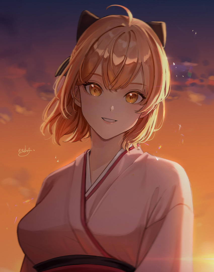 1girl, absurdres, aendi_en_d_endei, ahoge, black_bow, blonde_hair, blue_sky, blush