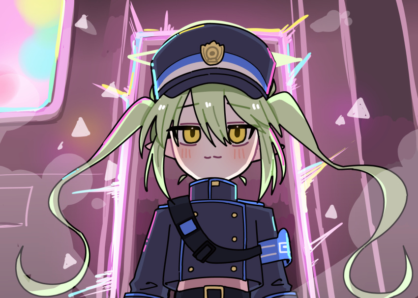 1girl, armband, black_hat, black_jacket, blue_archive, blue_armband, blush, buttons, closed_mouth, double-breasted, green_hair, hair_between_eyes, hat, highlander_twintails_conductor_(blue_archive), honkai:_star_rail, honkai_(series), jacket, jamongssui, long_hair, peaked_cap, pointy_ears, smile, solo, twintails, upper_body, yellow_eyes
