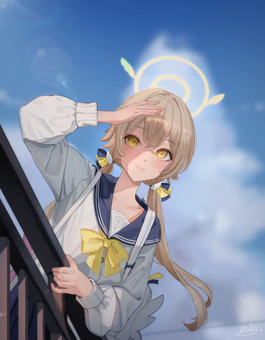 1girl, absurdres, aendi_en_d_endei, blue_archive, blue_sky, blush, clouds, commentary_request