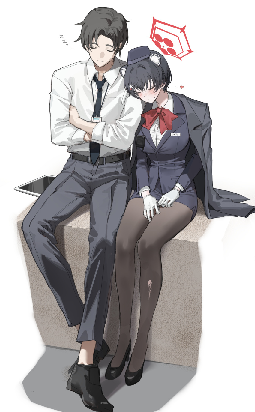1boy, 1girl, absurdres, animal_ears, black_coat, black_footwear, black_hair, black_hat