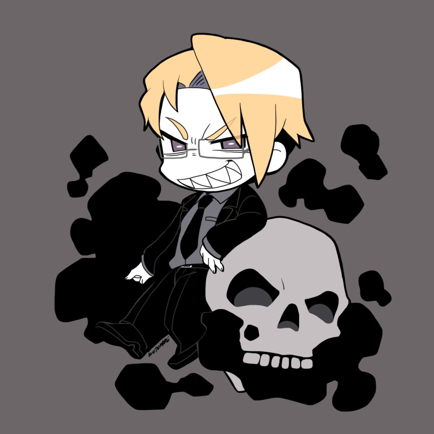 1boy, black_jacket, black_necktie, black_pants, blonde_hair, chibi, chibi_only, evil_grin, evil_smile, full_body, glasses, grey_background, grey_shirt, grin, gruppen_fuhrer, highres, jacket, kotorai, long_sleeves, looking_at_viewer, male_focus, marumaru_no_shuyaku_wa_wareware_da!, necktie, no_nose, pants, rectangular_eyewear, sharp_teeth, shirt, short_hair, signature, skull, smile, solo, teeth, violet_eyes