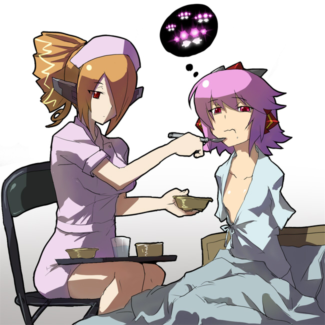 amputee, brown_hair, cosmic_break, drill_hair, feeding, hair_over_one_eye, irony, misty_hollow