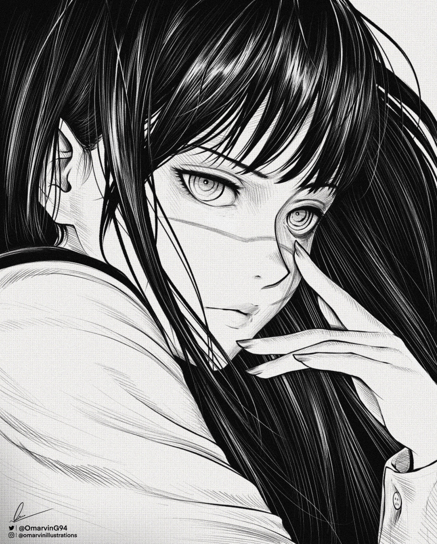 1girl, absurdres, black_hair, chainsaw_man, greyscale, hands_on_own_face, highres, instagram_username