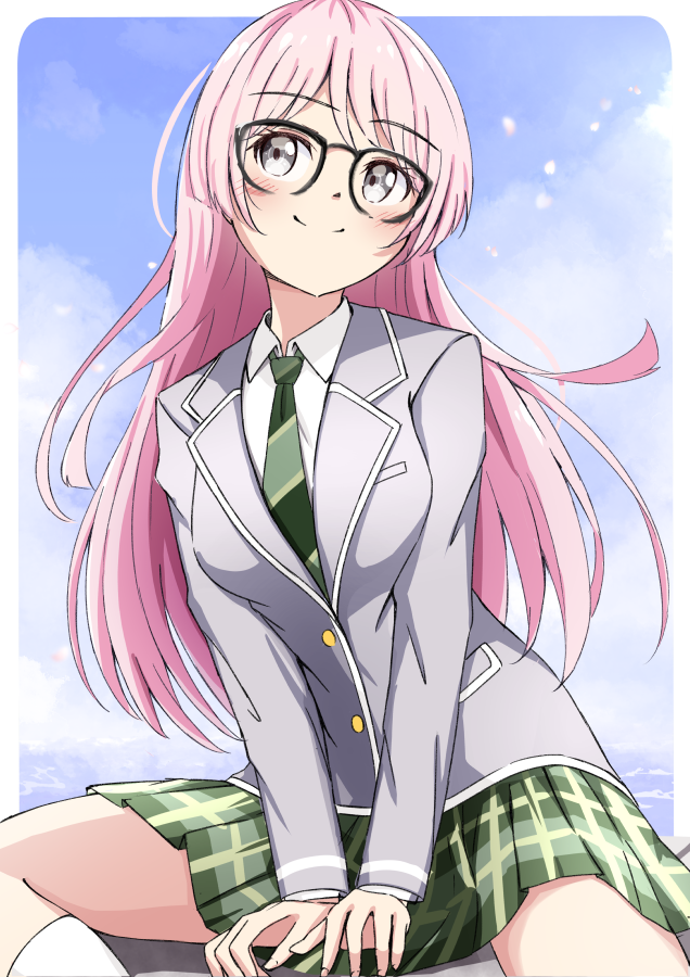 1girl, bang_dream!, bang_dream!_it's_mygo!!!!!, black-framed_eyewear, blue_sky, blush, border, breast_pocket