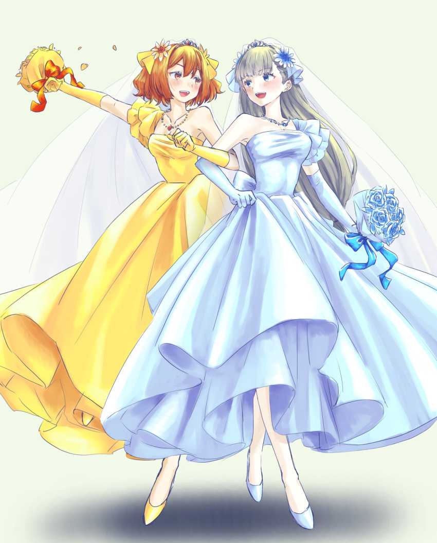 2girls, :d, banana_(8771207), blue_background, blue_bow, blue_dress, blue_eyes, blue_flower, blue_ribbon, blush, bouquet, bow, brown_eyes, commentary_request, crossed_legs, dress, elbow_gloves, flower, full_body, gloves, green_background, grey_hair, hair_flower, hair_ornament, highres, holding, holding_bouquet, jewelry, kanne_(sousou_no_frieren), lawine_(sousou_no_frieren), locked_arms, long_hair, looking_to_the_side, multiple_girls, necklace, one-piece_swimsuit, outstretched_arm, red_bow, ribbon, simple_background, skirt_hold, smile, sousou_no_frieren, standing, standing_on_one_leg, swimsuit, tiara, two_side_up, watson_cross, wedding_dress, white_veil, yellow_background, yellow_dress, yellow_gloves, yellow_ribbon, yuri