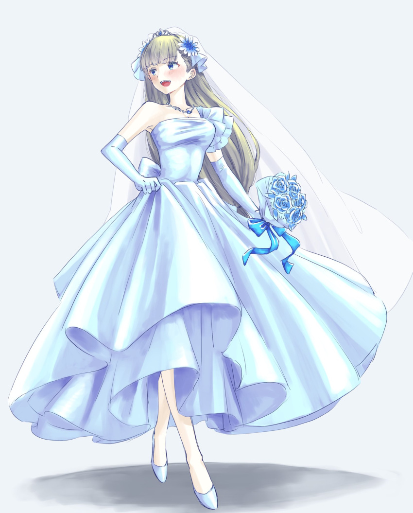 1girl, :d, banana_(8771207), blue_background, blue_bow, blue_dress, blue_eyes, blue_flower