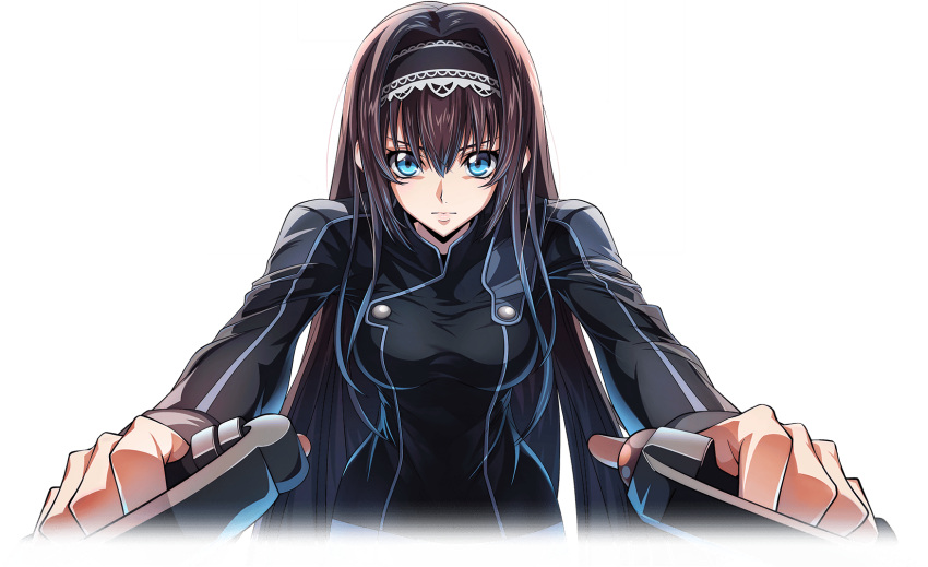 1girl, artist_request, black_hairband, black_shirt, blue_eyes, breasts, brown_hair, buttons