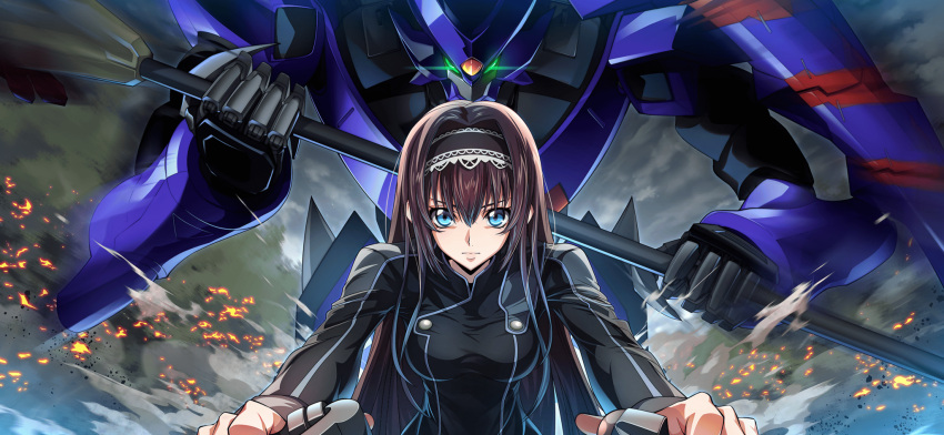 1girl, artist_request, black_hairband, black_shirt, blue_eyes, breasts, brown_hair, buttons