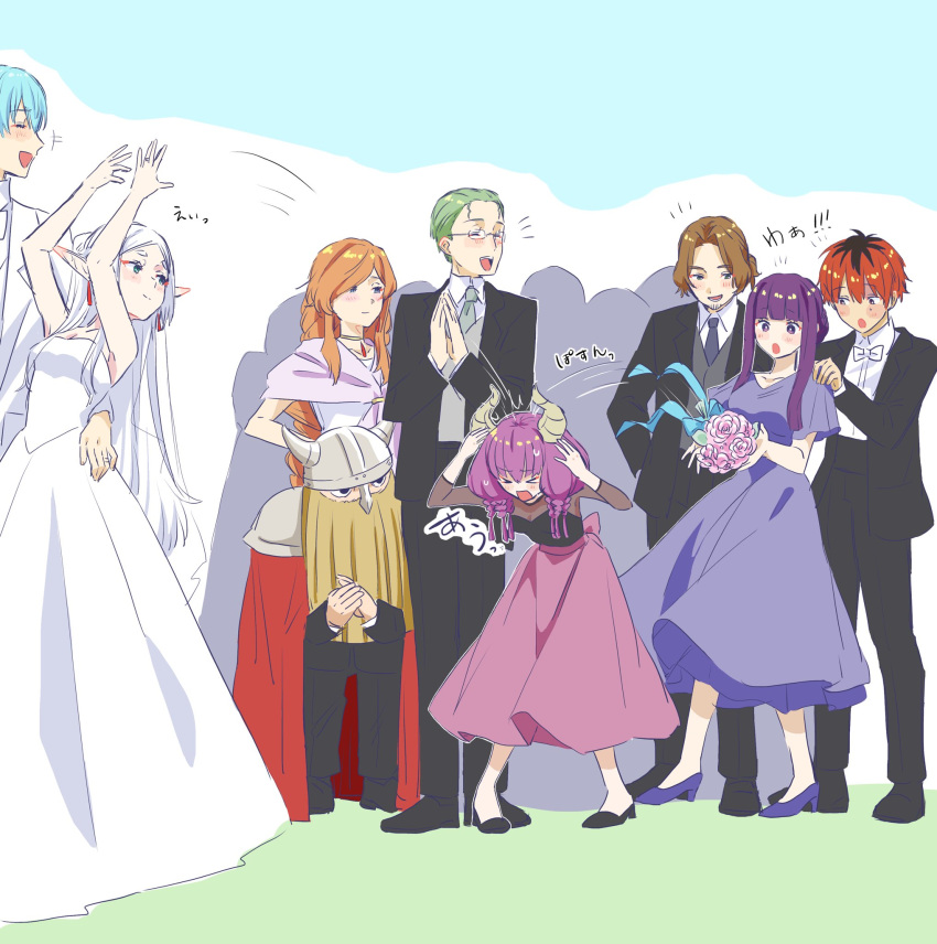 >_<, 3girls, 5boys, :d, :o, ^_^, aura_(sousou_no_frieren), banana_(8771207)