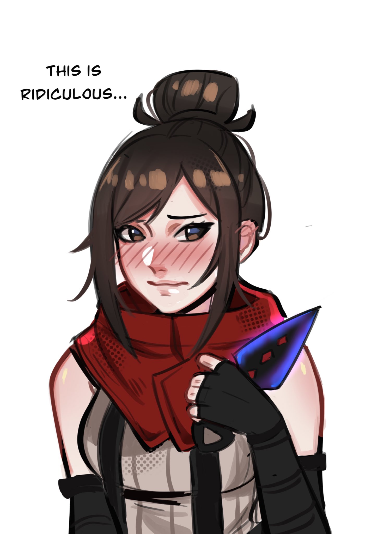 1girl, 7th_heaven_skirmisher_wraith, apex_legends, black_gloves, black_hair, blush, brown_eyes, cosplay, elbow_gloves, embarrassed, english_commentary, english_text, final_fantasy, final_fantasy_vii, final_fantasy_vii_rebirth, final_fantasy_vii_remake, fingerless_gloves, gloves, grey_sweater, hair_behind_ear, hair_bun, highres, holding, holding_knife, knife, kunai, looking_at_viewer, nose_blush, official_alternate_costume, red_scarf, ribbed_sweater, scarf, sevpha, single_hair_bun, sleeveless, sleeveless_sweater, solo, suspenders, sweater, upper_body, vincent_valentine, vincent_valentine_(cosplay), weapon, wraith_(apex_legends)