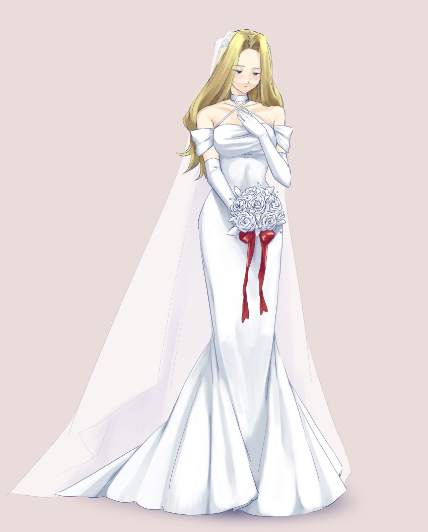 1girl, banana_(8771207), blonde_hair, blue_eyes, bouquet, bridal_veil, choker, commentary_request, dress, elbow_gloves, full_body, gloves, half-closed_eyes, hand_on_own_chest, hand_up, highres, holding, holding_bouquet, long_hair, looking_down, methode_(sousou_no_frieren), sepia_background, simple_background, solo, sousou_no_frieren, standing, veil, wedding_dress, white_choker, white_dress, white_gloves, white_veil