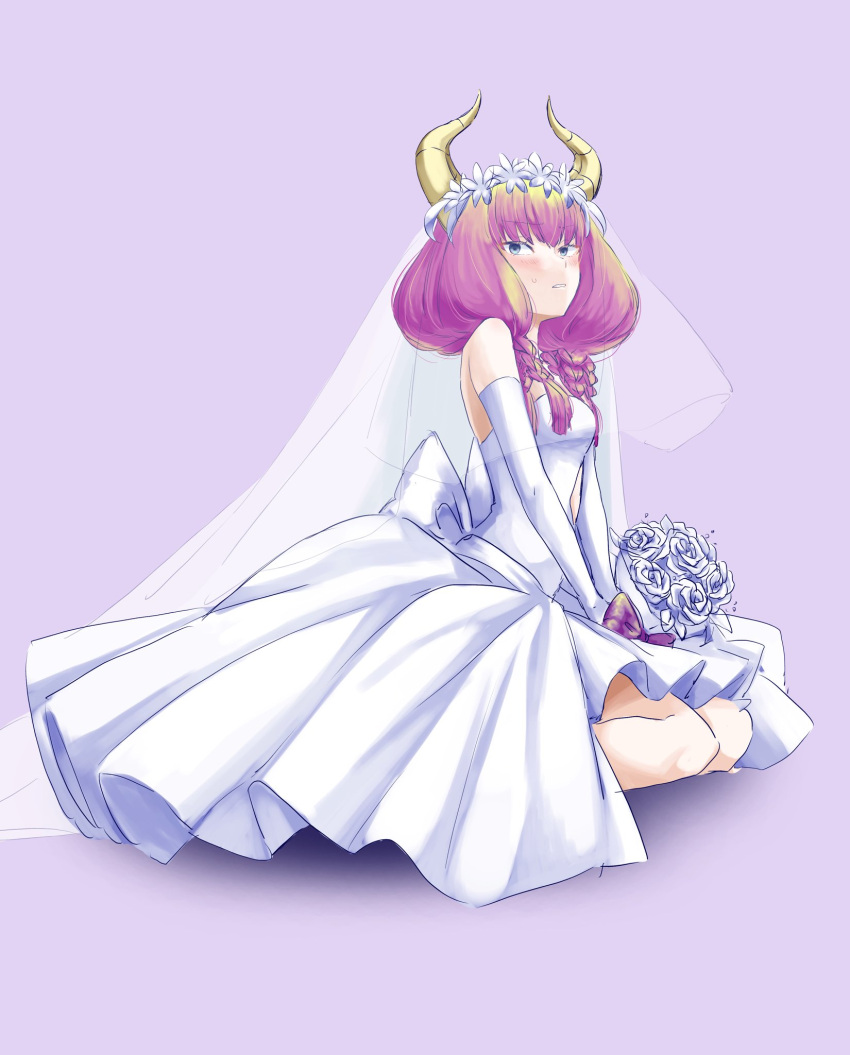 aura_(sousou_no_frieren), banana_(8771207), blush, bouquet, braid, commentary_request, demon_girl, demon_horns
