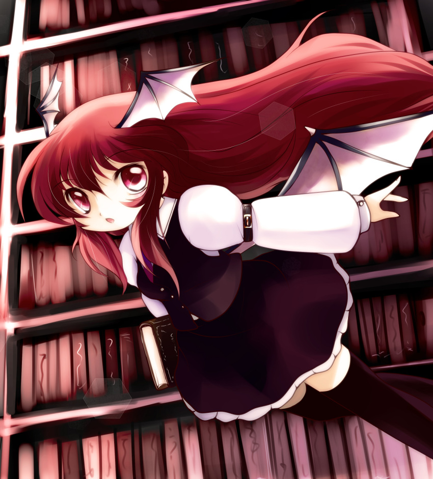 belt, book, chibi, flying, head_wings, highres, koakuma, library, necktie, open_mouth, red_eyes, red_hair, redhead, thigh-highs, thighhighs, touhou, vest, wings, wings_on_head, yume_shokunin