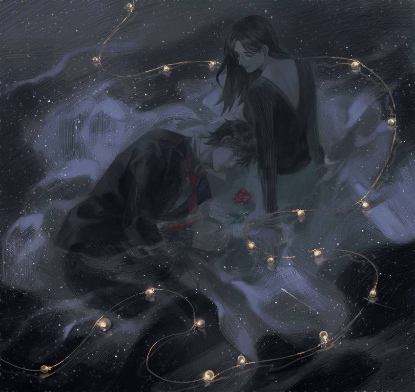 1boy, 1girl, absurdres, arm_support, back_cutout, black_hair, black_pants, black_shirt