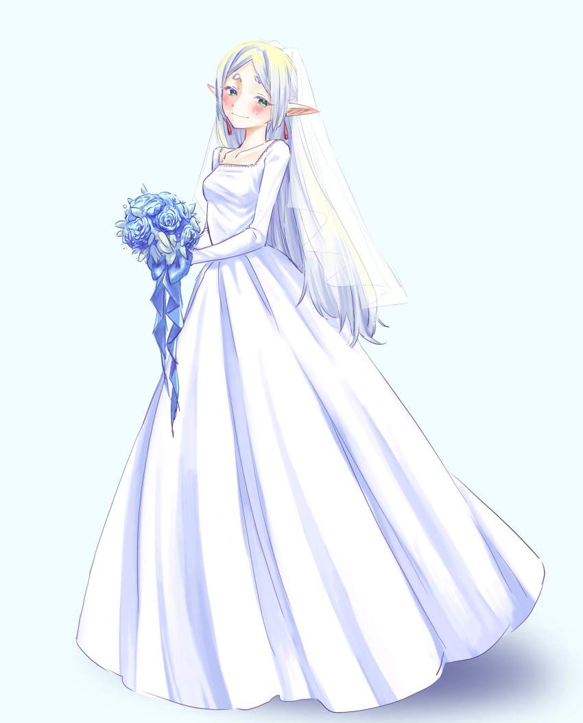 1girl, alternate_hairstyle, banana_(8771207), blue_flower, blue_rose, blush, bouquet, commentary_request, dangle_earrings, dress, earrings, elf, flower, frieren, full_body, green_eyes, hair_down, half-closed_eyes, highres, holding, holding_bouquet, jewelry, long_sleeves, parted_bangs, pointy_ears, rose, smile, solo, sousou_no_frieren, standing, wedding_dress, white_background, white_hair, white_veil