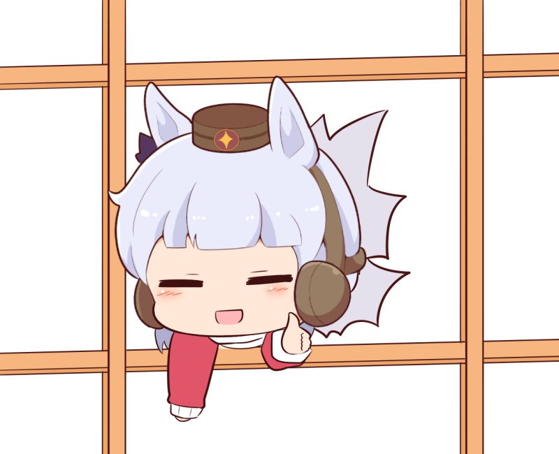 1girl, :d, animal_ears, blush_stickers, bow, brown_hat, chibi, closed_eyes