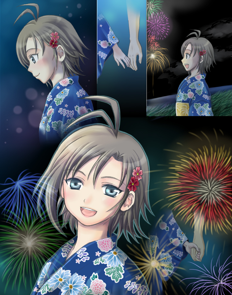 ariga_ao, ariga_nao, blush, crossed_arms, fireworks, flower, hair_ornament, hands_clasped