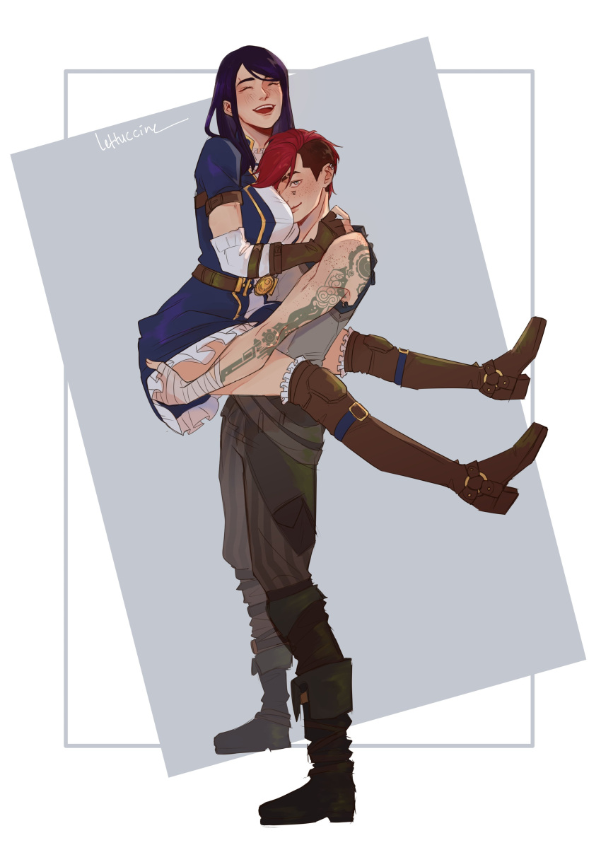 >_<, 2girls, :d, absurdres, arcane:_league_of_legends, arcane_caitlyn, arcane_vi, arm_tattoo