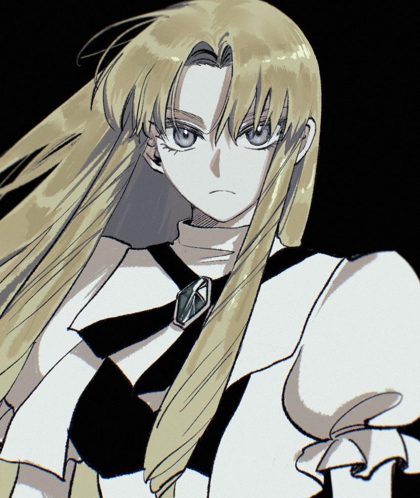 1girl, black_background, blonde_hair, blue_eyes, closed_mouth, dress, drill_hair, floating_hair