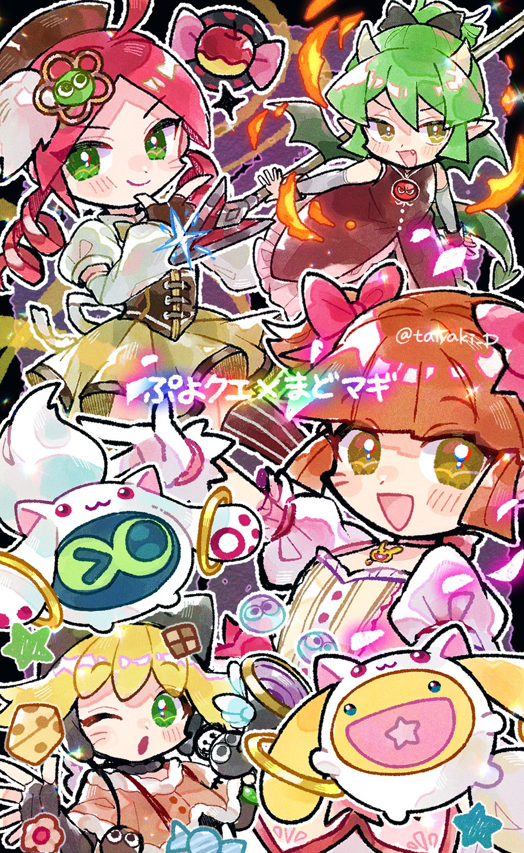ahoge, amitie_(puyopuyo), andou_ringo, apple, arle_nadja, black_bow, black_gloves, black_hat