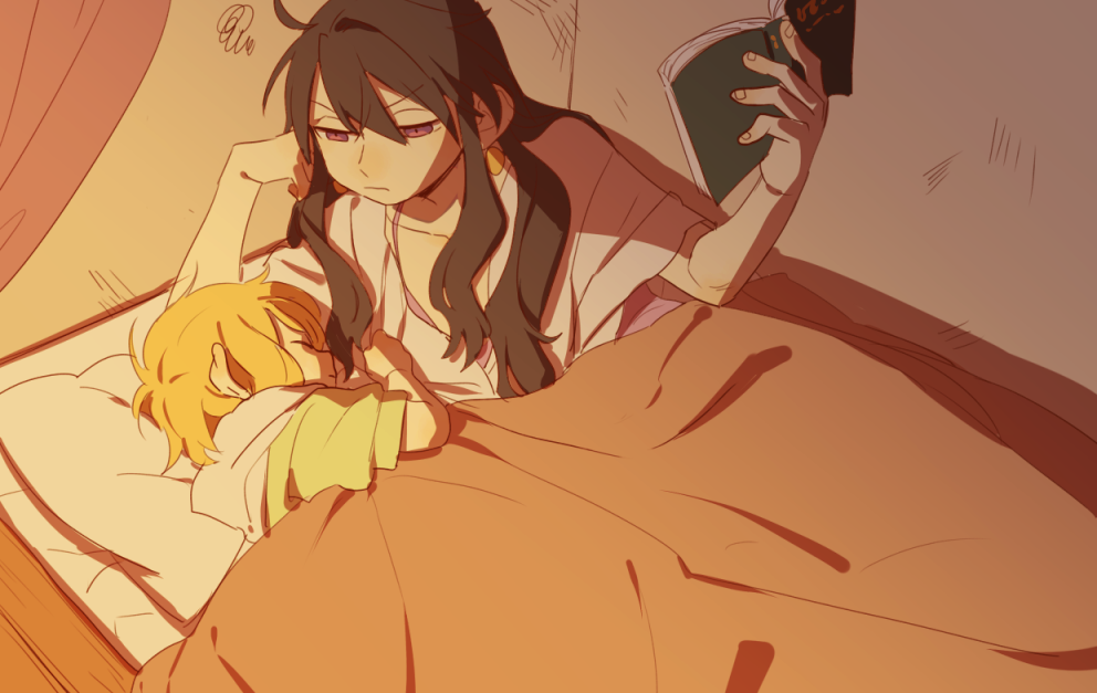 2girls, aunt_and_niece, black_hair, blonde_hair, book, bra, child, d.y.x., dangle_earrings, dronia_(majo_no_ryodan), earrings, family, frown, gripping_clothes, hair_between_eyes, half-closed_eyes, holding, holding_book, indoors, jewelry, long_hair, luca_(majo_no_ryodan), lying, multiple_girls, nightgown, on_bed, on_side, open_book, pajamas, pillow, red_curtains, refrain_no_chika_meikyuu_to_majo_no_ryodan, short_hair, sleeping, under_covers, underwear, violet_eyes, white_nightgown