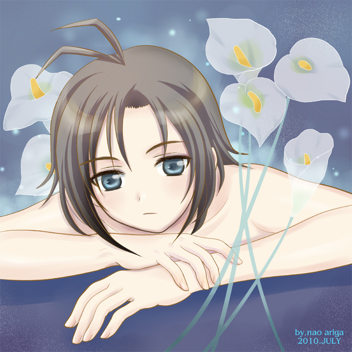 ariga_ao, ariga_nao, chin_rest, crossed_arms, flower, idolmaster, idolmaster_2, kikuchi_makoto, nude