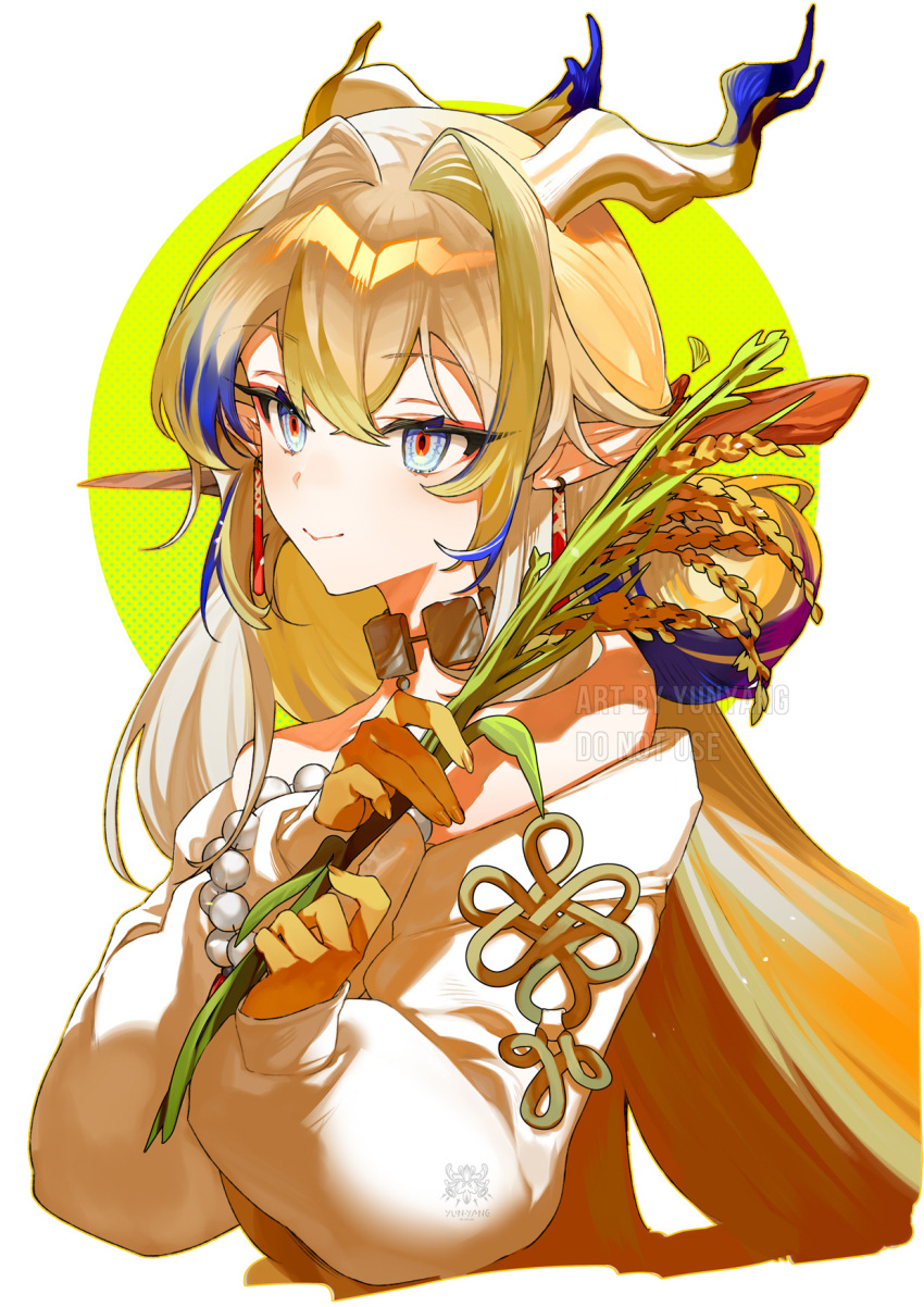 1girl, arknights, bare_shoulders, blonde_hair, blue_eyes, blue_hair, bracelet, closed_mouth