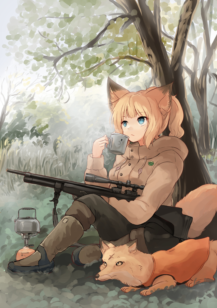 1girl, animal_ear_fluff, animal_ears, batta_(kanzume_quality), black_pants, blonde_hair, blue_eyes, cup