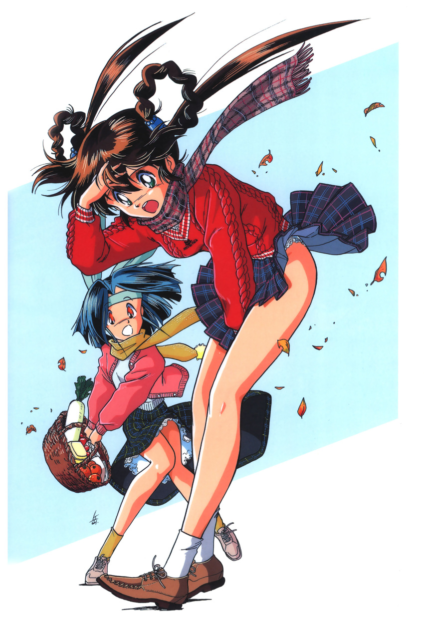 90s, absurdres, aqua_eyes, basket, blue_hair, braid, brown_hair, food
