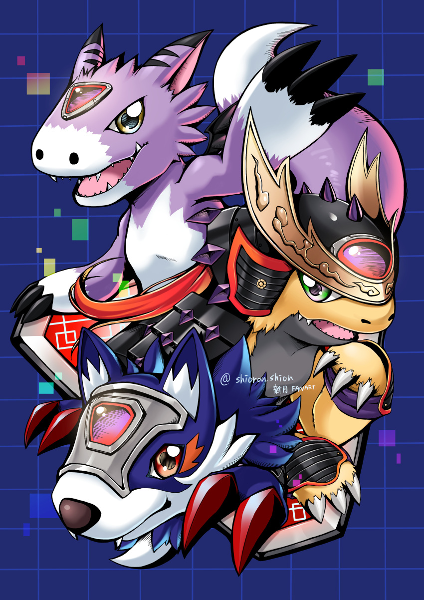 absurdres, armor, blue_background, blue_fur, digimon_seekers, dog, dorumon, fangs
