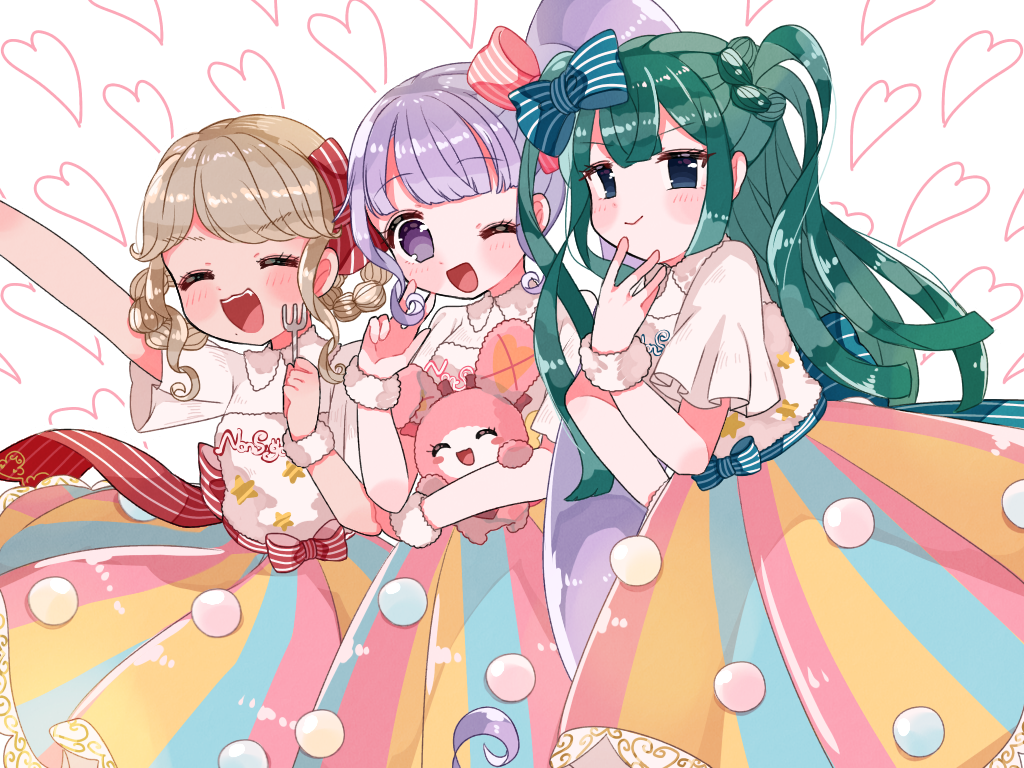 3girls, :d, ;d, animal, arm_up, blue_eyes, blunt_bangs, blush