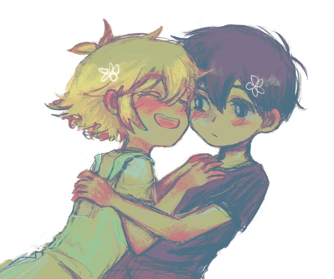 2boys, ^_^, aged_down, antenna_hair, basil_(faraway)_(omori), basil_(omori), black_eyes, black_hair