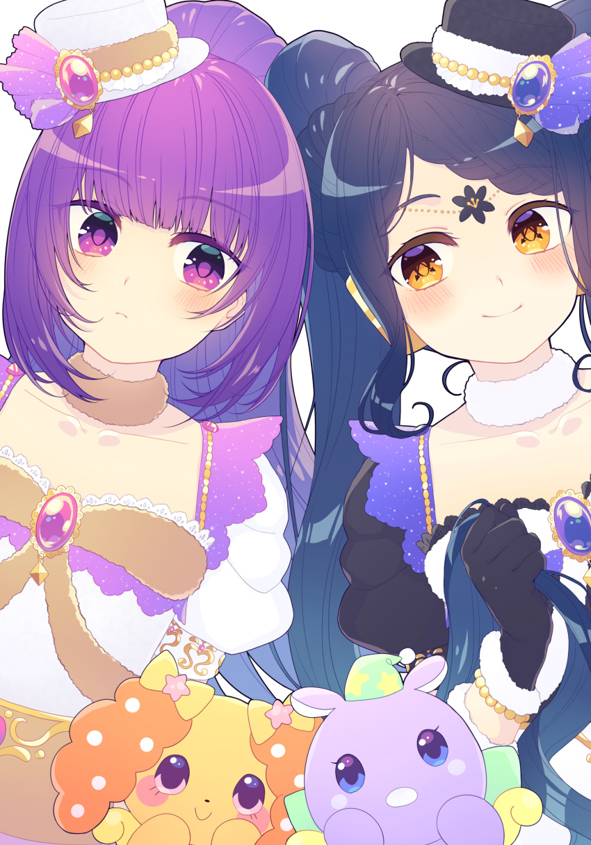 2girls, absurdres, bad_id, bad_pixiv_id, black_gloves, black_hat, blue_hair, blunt_bangs