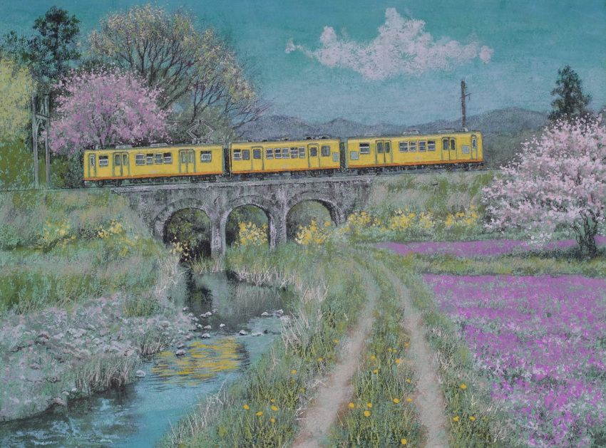 absurdres, blue_sky, bridge, cherry_blossoms, clouds, cloudy_sky, field, flower, flower_field, grass, highres, nature, nihonga, original, rive, riverbank, scenery, sky, tanamachi_yoshihiro, train, water
