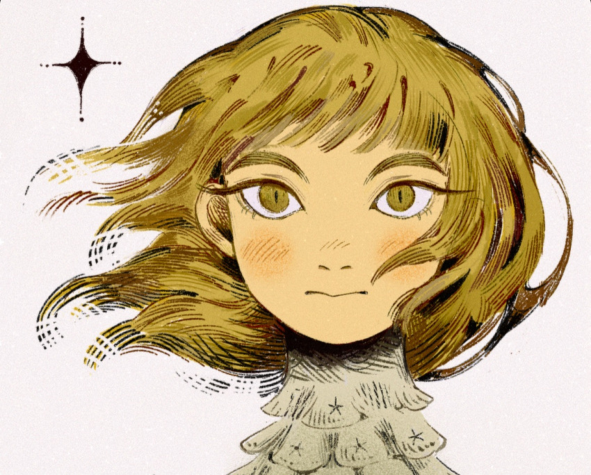 1girl, birdfrogdraws, blonde_hair, collar, commentary, diamond_(shape), dungeon_meshi, expressionless
