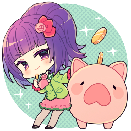 1girl, avocado_academy_school_uniform, bad_id, bad_pixiv_id, blunt_bangs, chibi, closed_mouth, coin, flower, full_body, green_jacket, hair_flower, hair_ornament, hanazono_shuka, holding, holding_coin, idol_time_pripara, jacket, long_hair, long_sleeves, looking_at_viewer, lowres, n_(m_ohkamotoh), piggy_bank, pink_flower, pink_rose, pink_skirt, ponytail, pretty_series, pripara, purple_hair, rose, school_uniform, skirt, smile, solo, standing, violet_eyes