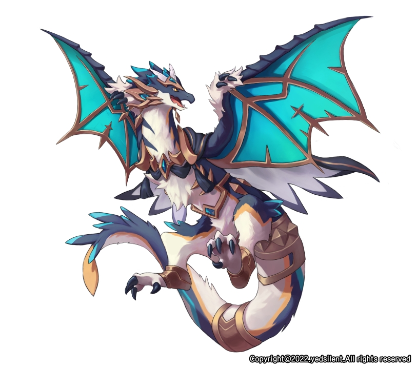 animal_focus, artist_name, claws, copyright_notice, dragon, full_body, no_humans, open_mouth